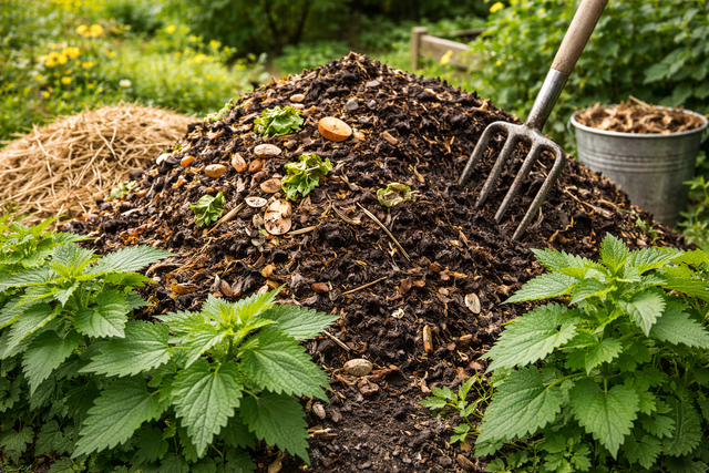 Natürliche Nährstoffquellen wie Brennnesseln und Kompost für DIY NPK Dünger