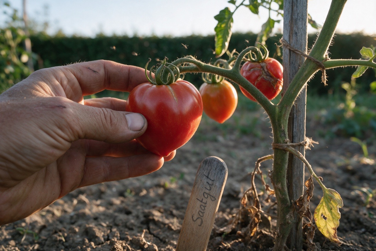 Hand hält eine vollreife Tomate an der Rispe neben einem Holzschild