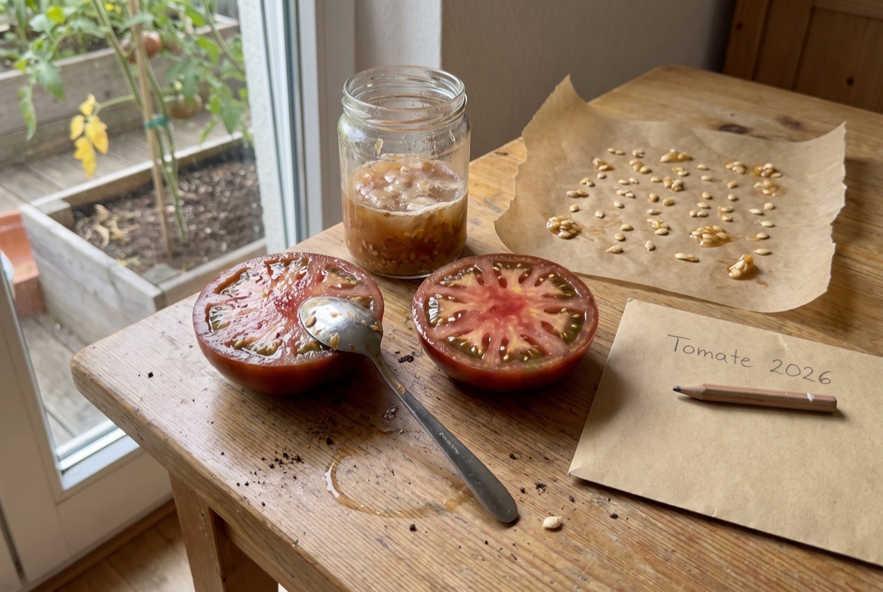 Aufgeschnittene vollreife Tomate auf dem Küchentisch, daneben Glas und Kerne auf Backpapier