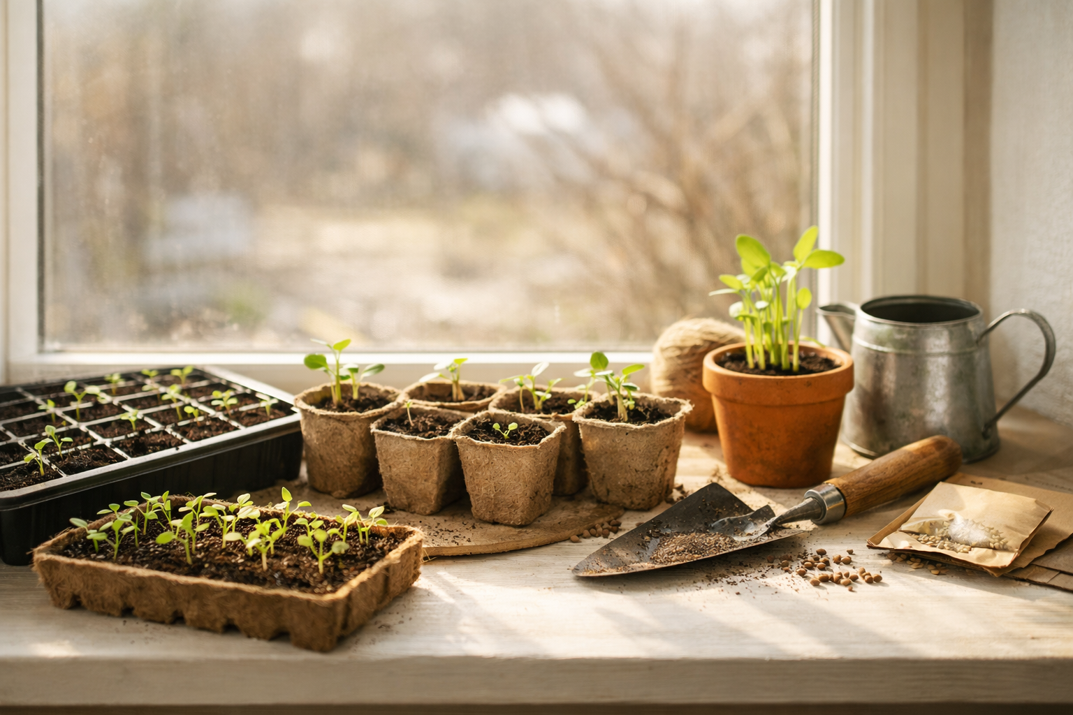 Junge Gemüsepflanzen auf sonniger Fensterbank