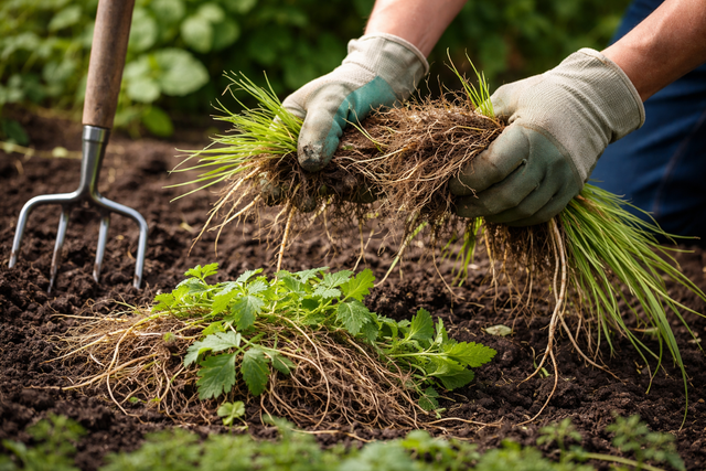 Konsequentes Entfernen von Unkraut bei der Beetvorbereitung im Frühling