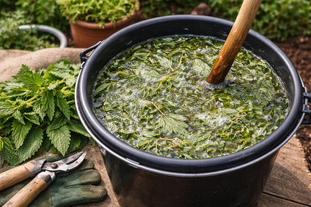 Herstellung von Brennnesseljauche in einem gro&szlig;en Bottich